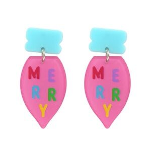 Festive Pink Acrylic Merry Lightbulb Christmas Earrings - New!